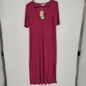 Boden Maxi Dress Womens Size 4R Pink Ribbed V-Neck Side Slit EcoVero Viscose New